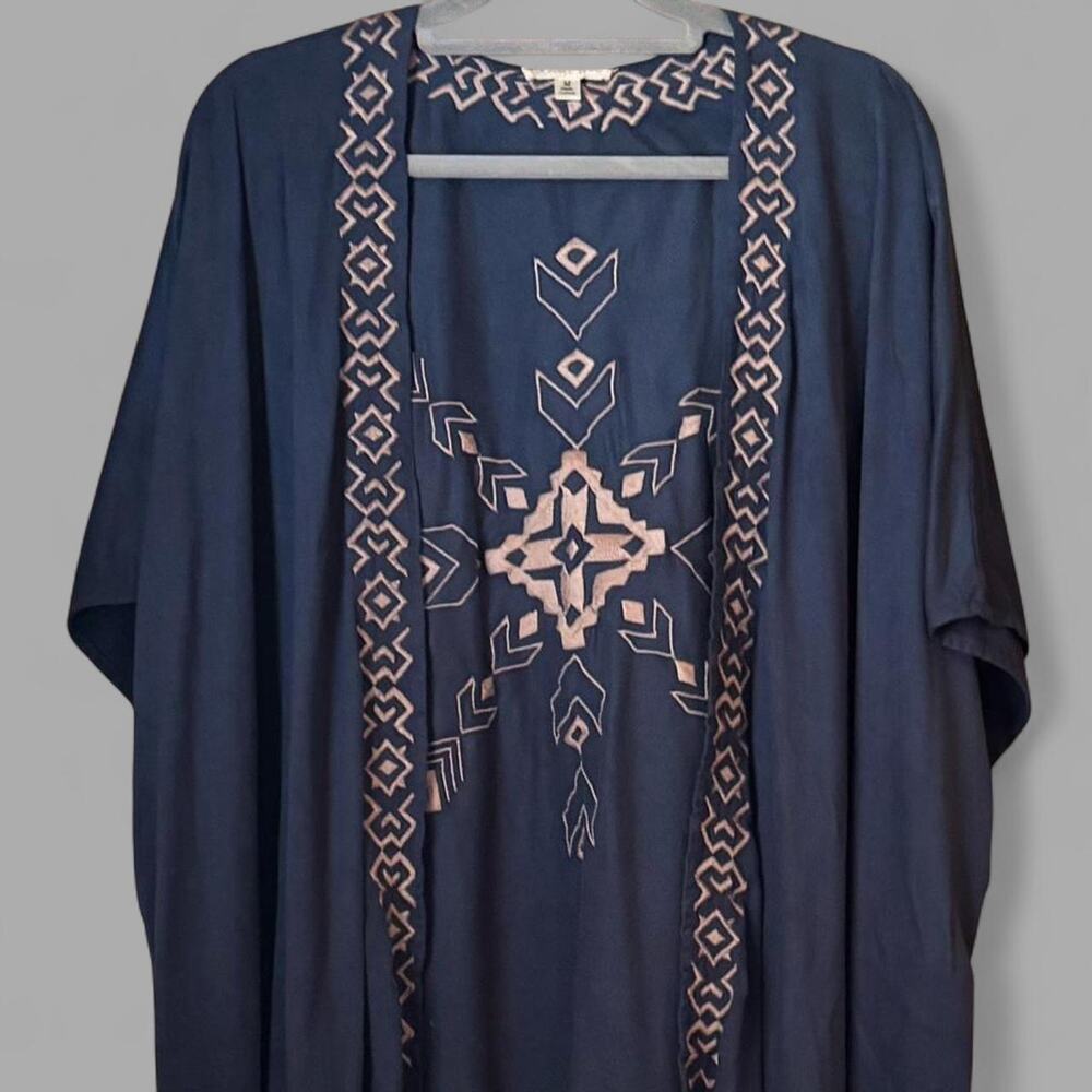 Navy blue womens kimono with native Indian accents vintage
